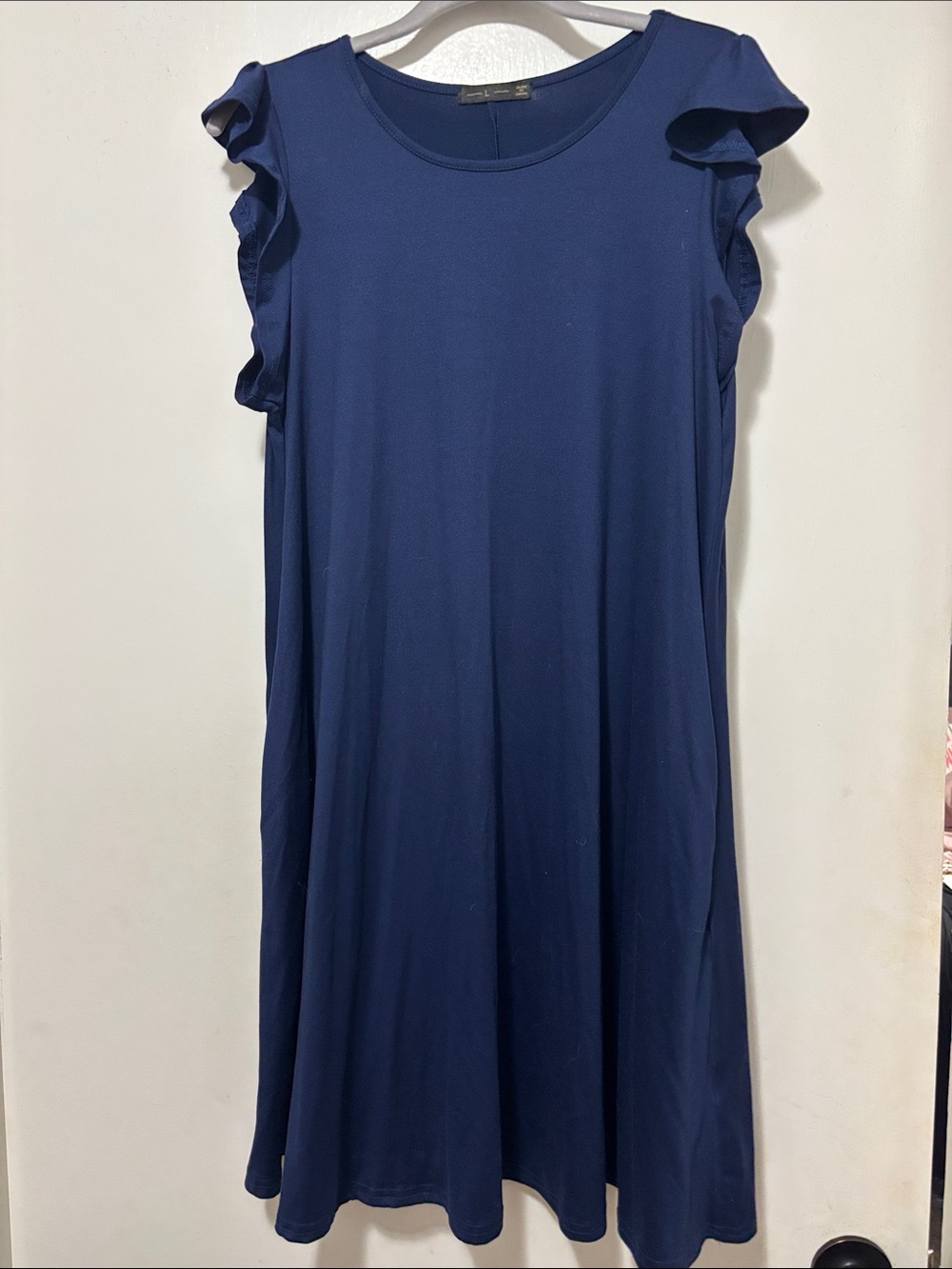 Girls Navy Ruffle Sleeve Swing Dress with Pockets